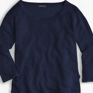 J Crew Boxy Cut 100% linen tee with dot lace trim - navy blue - medium